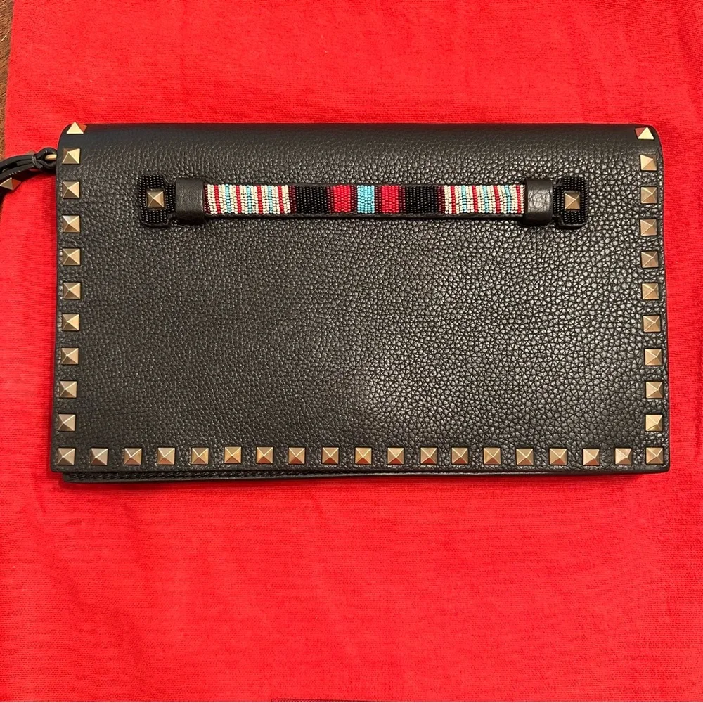 Valentino Garavani Rockstud calfskin leather clutch bag with beaded handle w COA